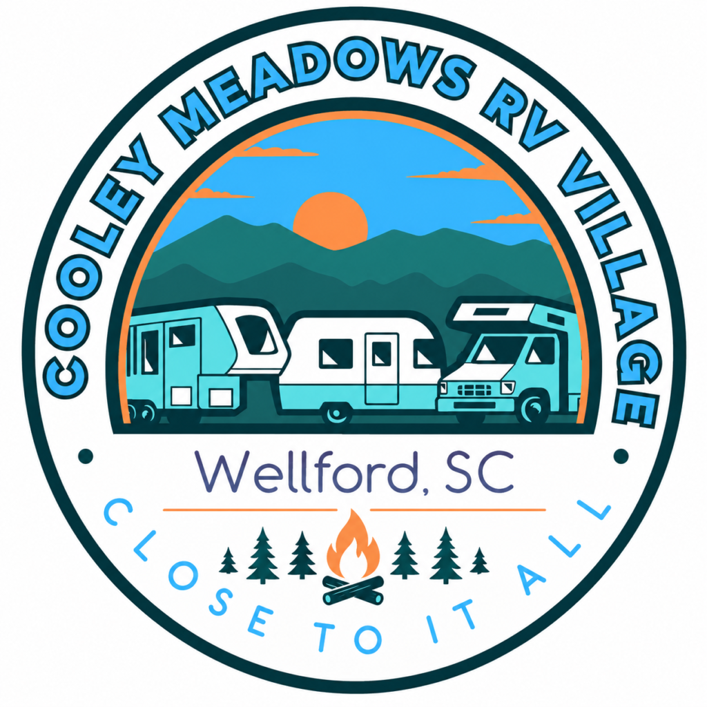 Logo for Cooley Meadows RV Village featuring three RVs, mountains, and a sun in the background. Text reads "Wellford, SC" and "Close to it all" with trees and a campfire at the bottom.