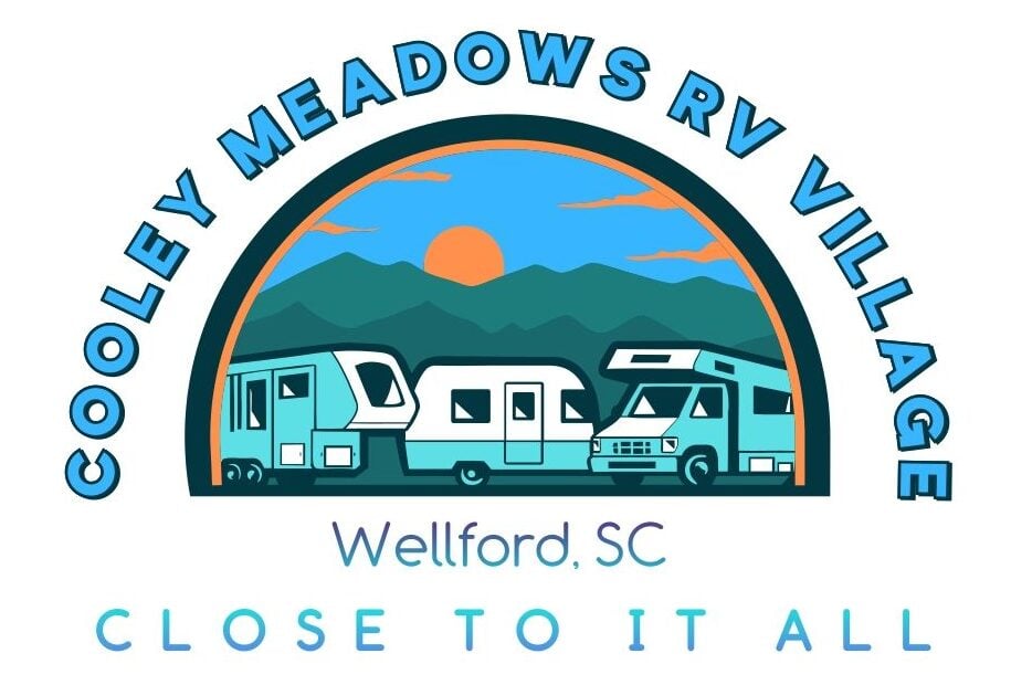 Logo for Cooley Meadows RV Village featuring three RVs, mountains, and a sunset. Text reads "Cooley Meadows RV Village, Wellford, SC, Close to It All.
